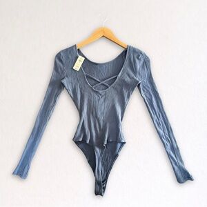 Aerie Blue Ribbed Long Sleeve Crisscross Bodysuit Size Small NWT